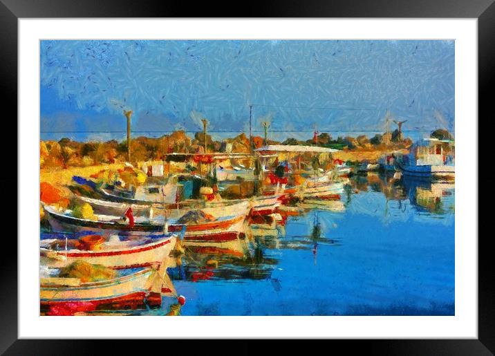 A digital painting of Small fishing boats in harbo Framed Mounted Print by ken biggs
