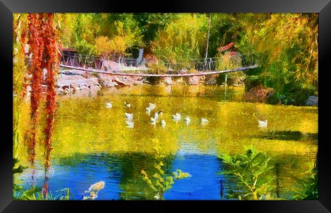 Duck pond and rope bridge digitally painted Framed Print by ken biggs