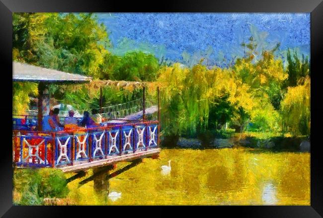 Duck pond and rope bridge digitally painted Framed Print by ken biggs