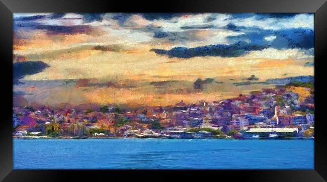 A digital painting of Kusadasi harbor Turkey Framed Print by ken biggs