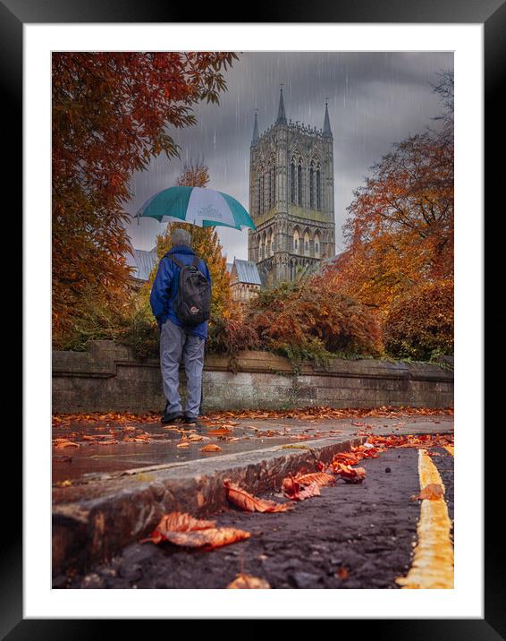 The umbrella man - Lincoln Cathedral Framed Mounted Print by Andrew Scott