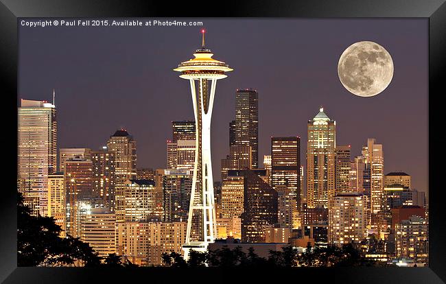 seattle at night with moon Framed Print by Paul Fell