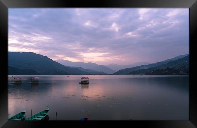 Landscape view of Sunset over the phewa lake Framed Print by Ambir Tolang