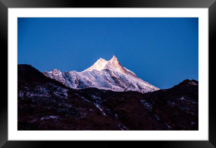 Landscape view of snow covered mountain Manaslu Framed Mounted Print by Ambir Tolang