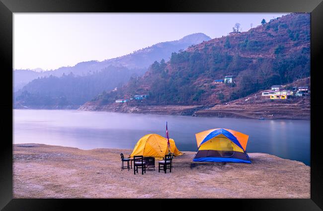 landscape view of lake and camping tent Framed Print by Ambir Tolang
