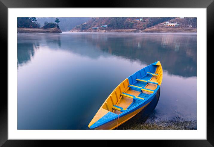 landscape view of lake and boat Framed Mounted Print by Ambir Tolang