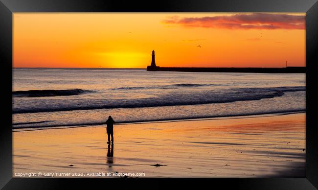 Photographer and sunrise at Roker Pier, Sunderland Framed Print by Gary Turner