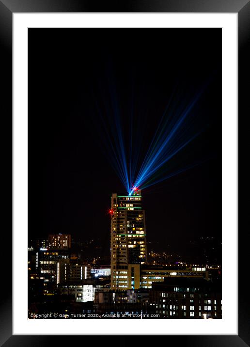 Bridgewater Place, Leeds with Leeds Laser Light Night Framed Mounted Print by Gary Turner
