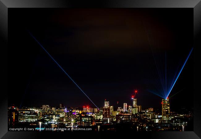 Leeds skyline with Leeds Laser Light Night Framed Print by Gary Turner