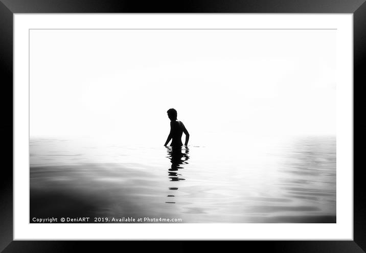 Boy in the sea black and white version Framed Mounted Print by DeniART 