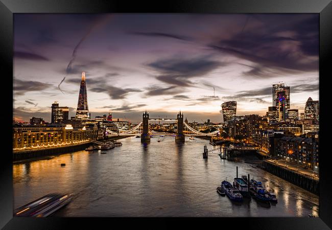 London Tower Bridge at Twilight with London Skylin Framed Print by Christopher Fenton
