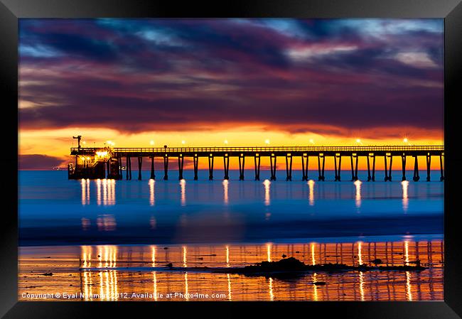 Venoco Ellwood Pier, in Bacara beach CA at sunset Framed Print by Eyal Nahmias