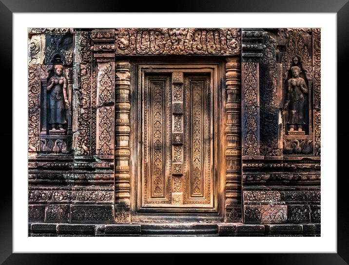 Carvings  at Banteay Srei temple, Cambodia Framed Mounted Print by Jo Sowden
