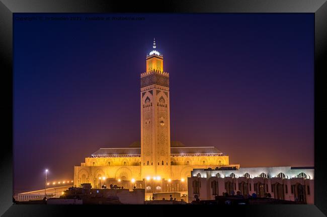 Hassan II Mosque at dusk Framed Print by Jo Sowden