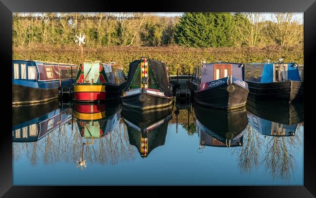 Reflections of Narrow boats  Framed Print by Jo Sowden