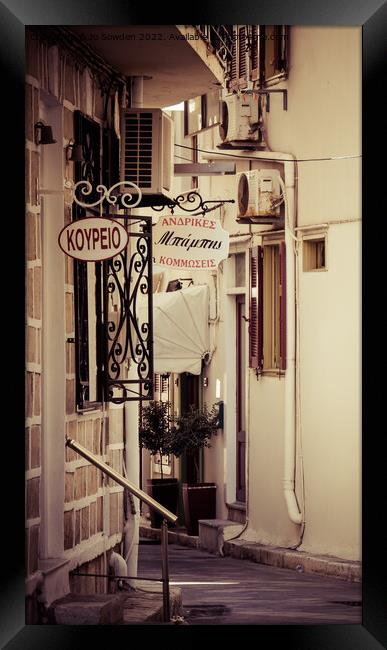 Typical Greek Back Street, Syros Framed Print by Jo Sowden