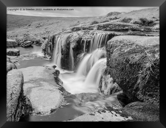 The East Dart Waterfall in Mono Framed Print by Jo Sowden