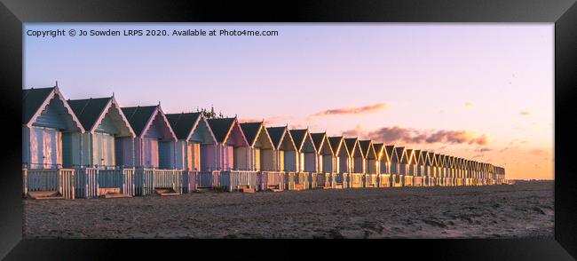 Sunset at West Mersea Beach Huts Framed Print by Jo Sowden