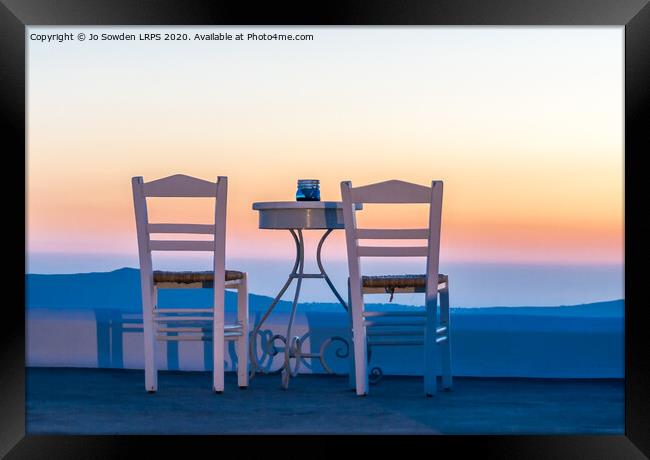 Table for two with a view, Santorini, Greece Framed Print by Jo Sowden