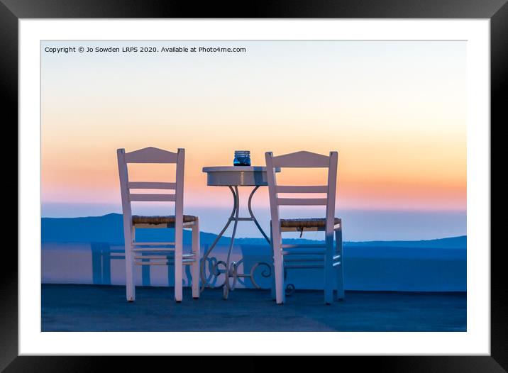 Table for two with a view, Santorini, Greece Framed Mounted Print by Jo Sowden