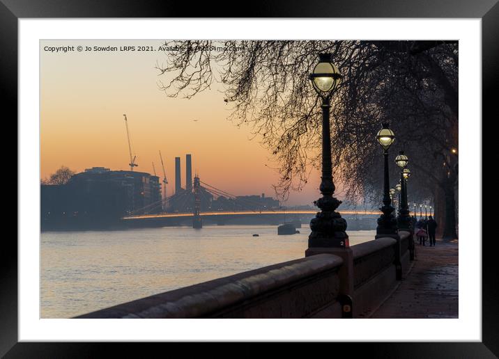 Albert Bridge, Chelsea  at Sunset Framed Mounted Print by Jo Sowden