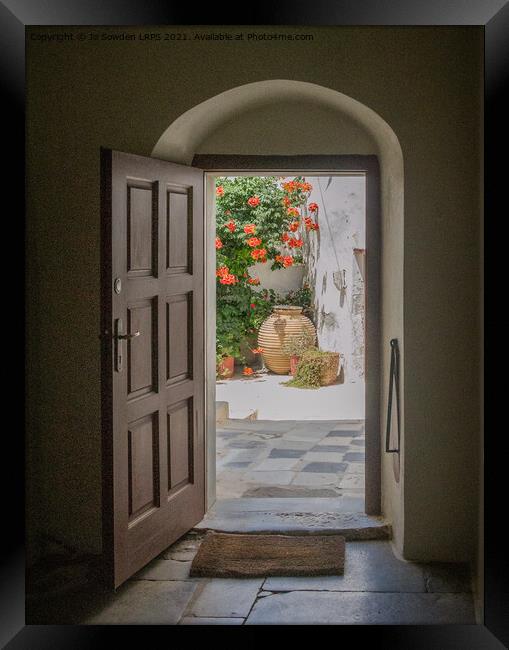 Through the Greek door, Naxos Framed Print by Jo Sowden