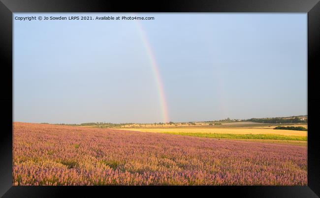 Rainbow over Lavender field Framed Print by Jo Sowden