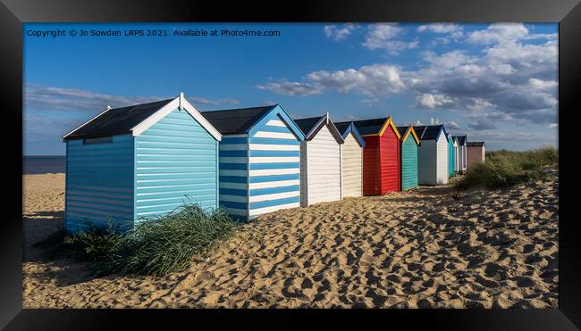Southwold beach Huts, Late afternoon  Framed Print by Jo Sowden