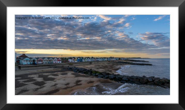 Southwold beach huts at sunset Framed Mounted Print by Jo Sowden