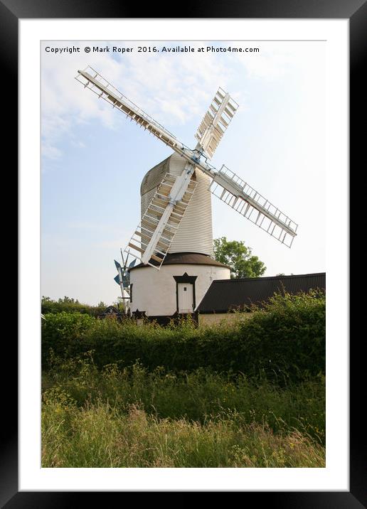 Saxtead mill on sunny day with hedgerow Framed Mounted Print by Mark Roper