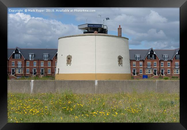 Martello tower at Felixstowe with houses behind Framed Print by Mark Roper