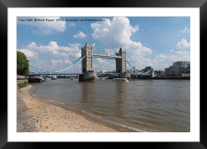 Tower Bridge in London with Thames shoreline Framed Mounted Print by Mark Roper