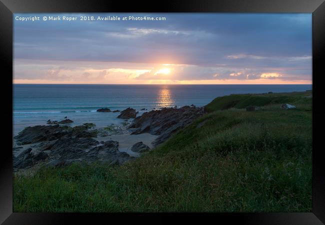Fistral Beach, Newquay - Sunset With Rocks Framed Print by Mark Roper