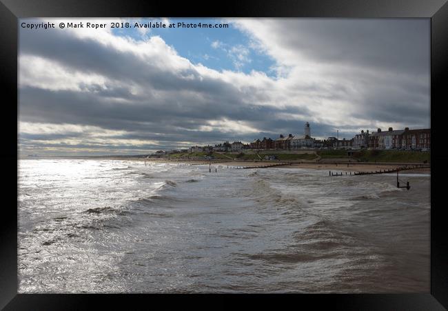 Southwold Seafront with Bright Sun, Big Waves and  Framed Print by Mark Roper