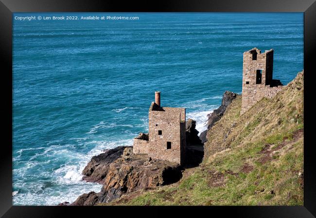 Crowns Engine Houses at the Botallack Mine Framed Print by Len Brook