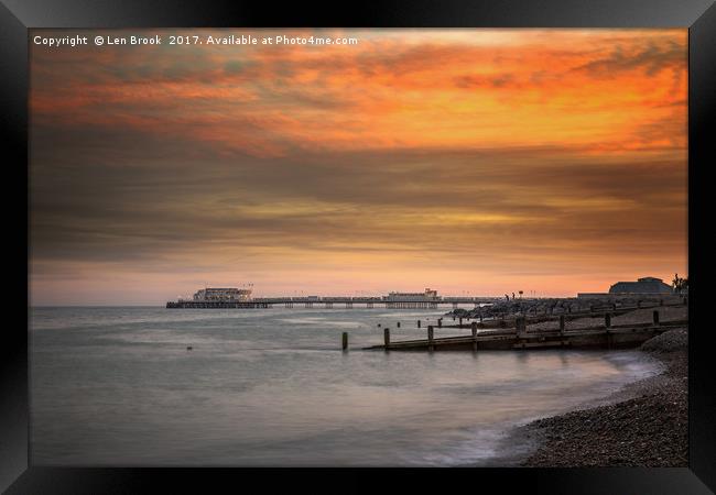 Worthing Pier at Sunset Framed Print by Len Brook