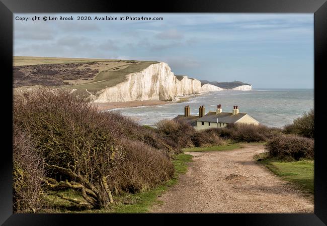 Seven Sisters and the Coastguard Cottages Framed Print by Len Brook