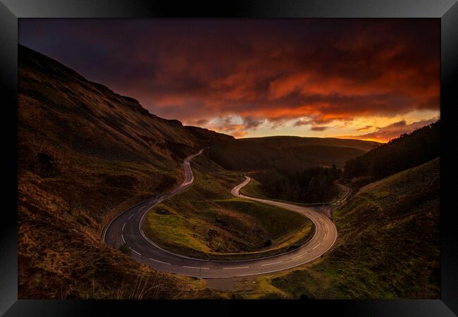 Bwlch Mountain road during sunrise Framed Print by Sandra Kepkowska