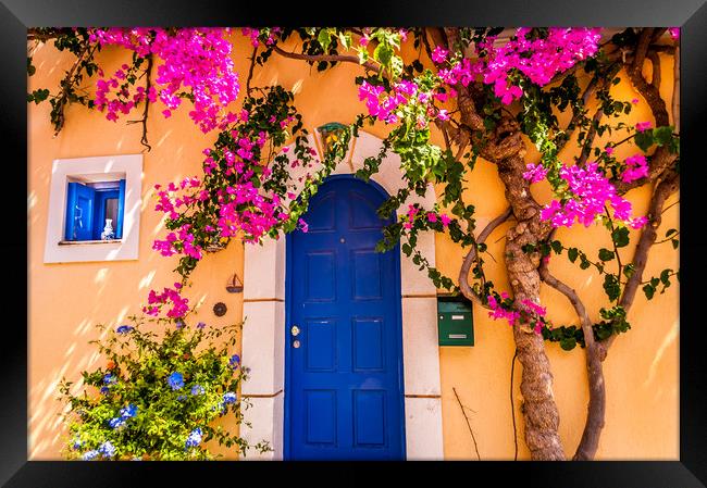 Blue door with Bougainvillea Framed Print by Naylor's Photography