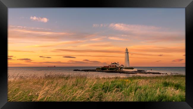 Sunset at St. Mary's Lighthouse Framed Print by Naylor's Photography