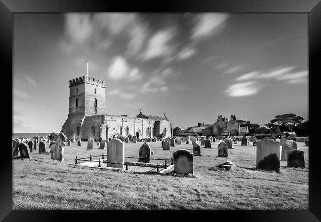 Pretty church of St Aidans in Bamburgh in Mono Framed Print by Naylor's Photography