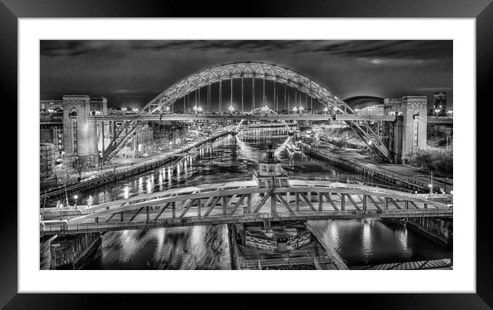 Black and White Bridges of the Tyne Framed Mounted Print by Naylor's Photography