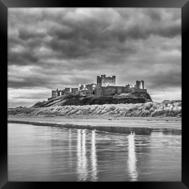 Bamburgh Castle reflections black and white  Framed Print by Naylor's Photography