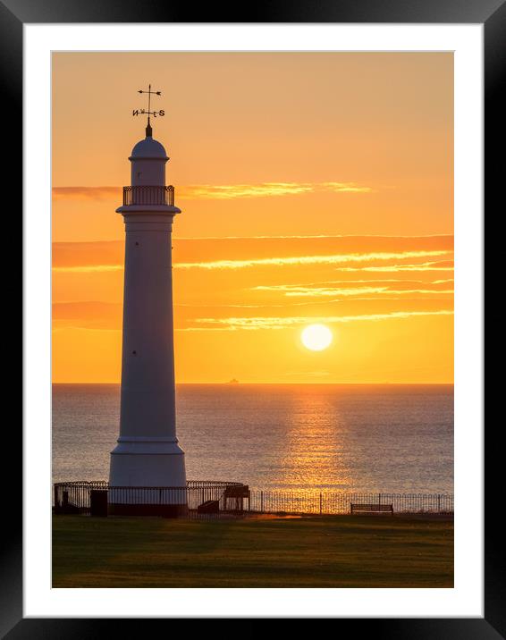 Sunrise at Seaburn Beach with White Lighthouse Framed Mounted Print by Ian Aiken