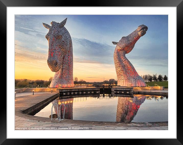  the Kelpies at sunset  , the Helix , Falkirk Framed Mounted Print by Photogold Prints