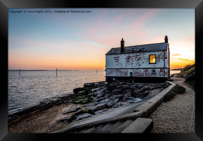 Evening glow - the Boat House at Lepe Framed Print by Sue Knight