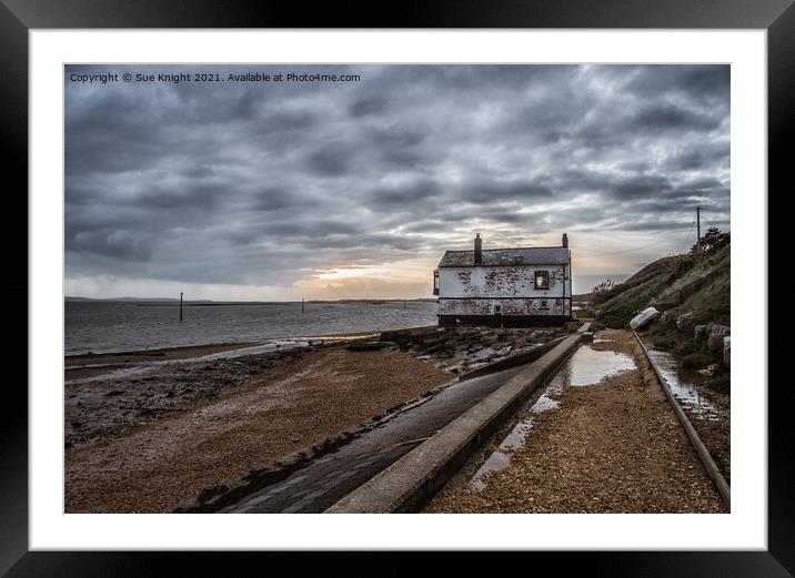 Moody scene of the watch house at Lepe Beach Framed Mounted Print by Sue Knight