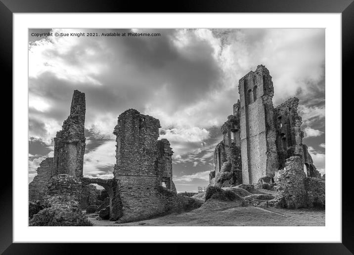 Corfe Castle in black and white Framed Mounted Print by Sue Knight