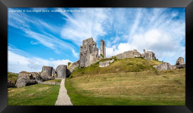 A view of Corfe Castle, Dorset Framed Print by Sue Knight