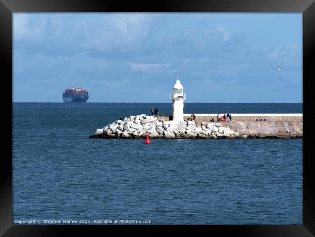 Brixham Breakwater with passing Container Ship Framed Print by Stephen Hamer